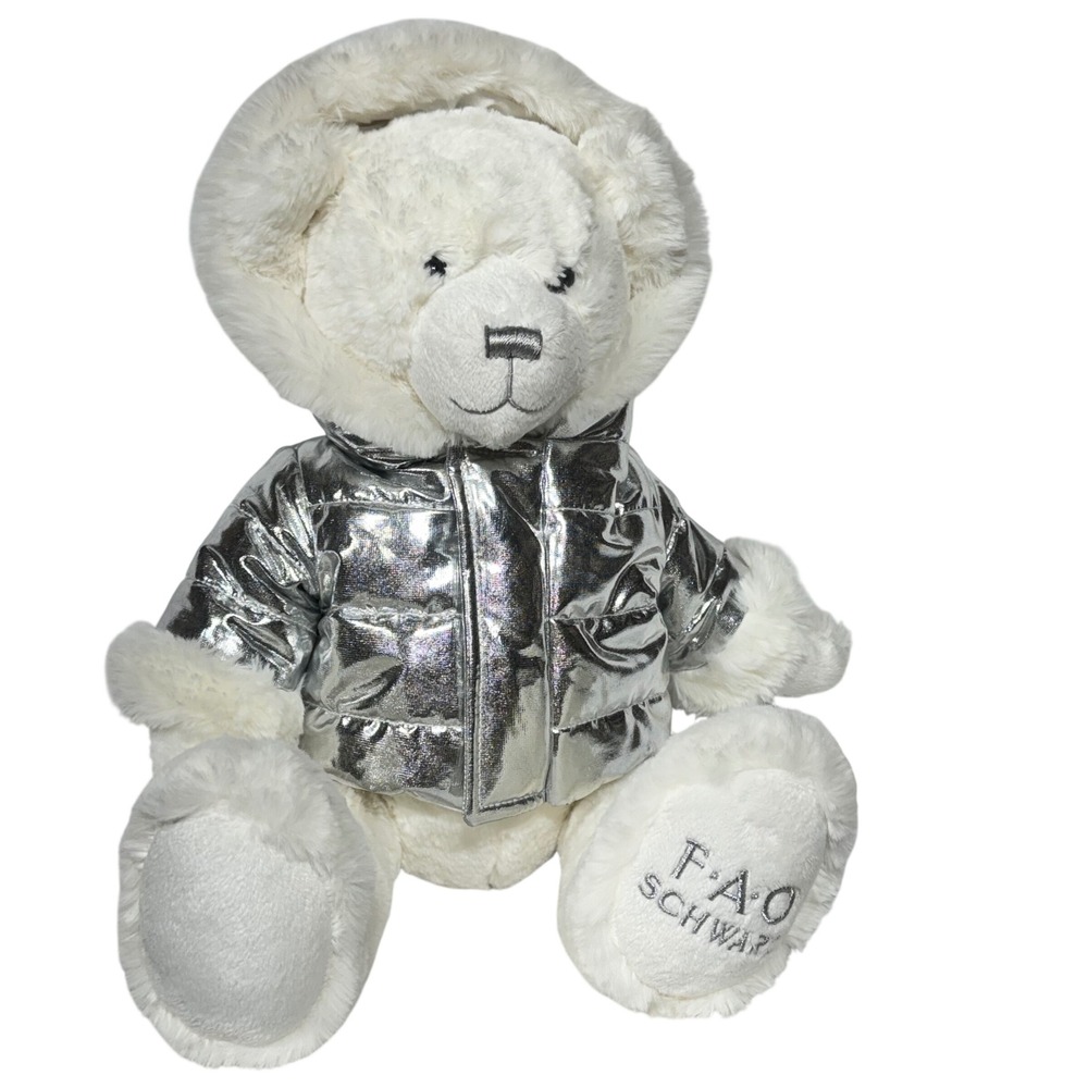 FAO Schwarz Polar Bear Silver Puffer Jacket Plush White 15in Faux Fur Metallic